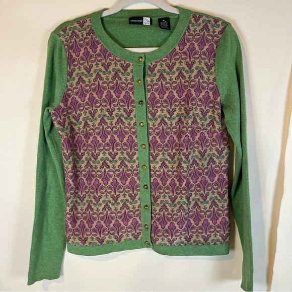 Saks Fifth Avenue Sweaters - Saks Fifth Avenue Classic Green Cotton‎ and Purple Silk Blend Cardigan Sweater M